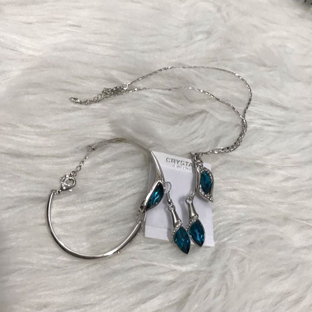 Blue Rhinestone Bracelet Necklace Earrings Jewelry‎ Set Bangle Gift Present
